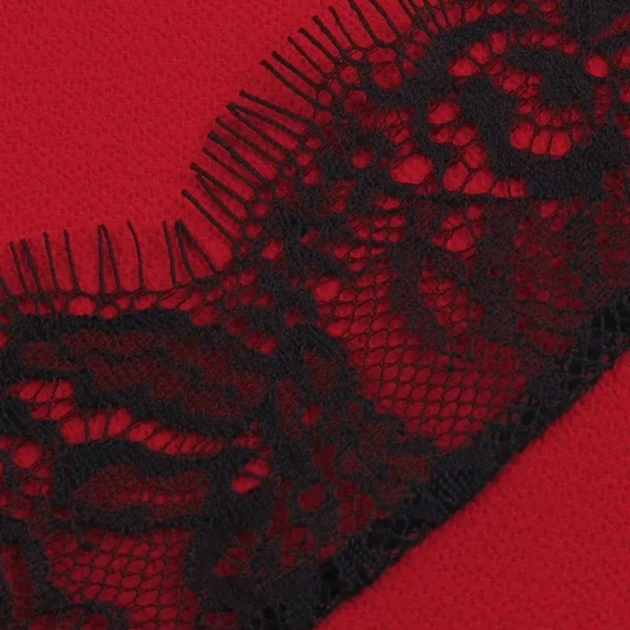 Women's Plus Size Red and Black Floral Jacquard Contrast Lace Casual Top💖 - Picture 4 of 12